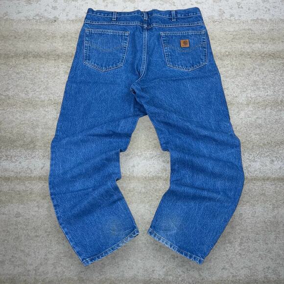Vintage Carhartt Jeans Relaxed Fit Medium Wash Work Wear Denim Leather Logo 90s - Picture 1 of 4